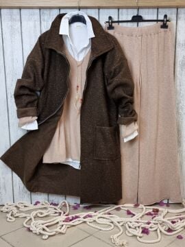 İtalyan Buklet Manto Kaban Kahverengi