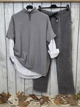 Boğazlı  Süveter Triko Kazak gri