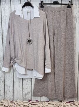 Yünlü Yumuşak Triko Pantolon Vizon