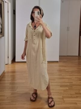 %100 Pamuk Uzun Gömlek Elbise Bej