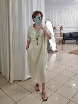 %100 Pamuk Uzun Gömlek Elbise Bej