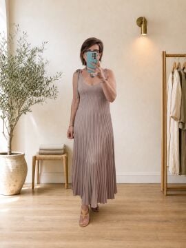 Slim Fit Triko Askılı Uzun Elbise Vizon