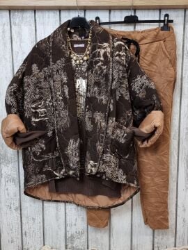 Desenli Kimono Mont Kahverengi