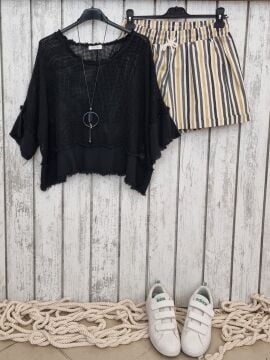 Boyuna Çizgili Gabardin Şort Slim Fit