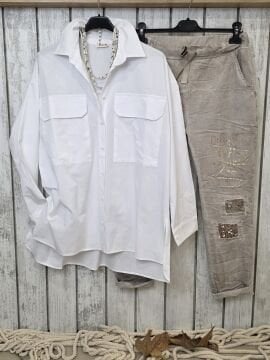 Çift Cepli Oversize Beyaz Gömlek