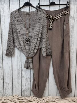 Paçası Biyeli Kadife Bol Pantolon Vizon