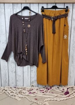 Bol Kesim Kadife Uzun Etek Hardal