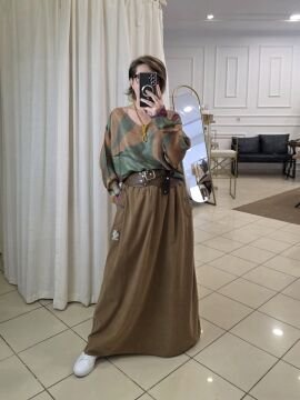 Bol Kesim Kadife Uzun Etek Camel