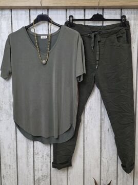 V Yaka Jarse Tişört Haki