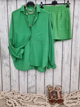 Keten Dokulu Yeşil Kısa Şort Slim Fit