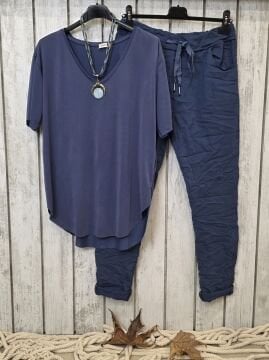 V Yaka Jarse Tişört Denim Mavi