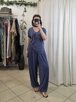 V Yaka Jarse Tişört Denim Mavi