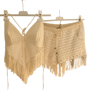 Saçaklı Örme Dantel Şort Bej