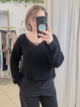 Yırtıklı Merserize Triko Siyah