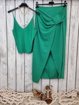 Slim Fit Keten Dokulu Yırtmaçlı Yeşil Etek