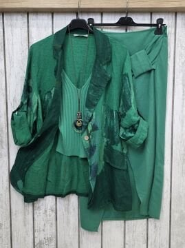 Slim Fit Keten Dokulu Yırtmaçlı Yeşil Etek