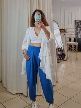 Kısa Paça Bol Keten Pantolon Mavi