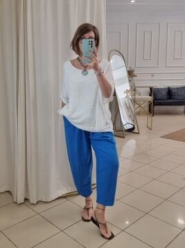 Kısa Paça Bol Keten Pantolon Mavi