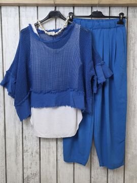 Kısa Paça Bol Mavi Keten Pantolon