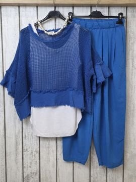 Kısa Paça Bol Mavi Keten Pantolon