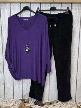 Düz Kesim V Yaka İtalyan Mor Kazak