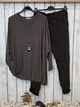 Düz Kesim V Yaka İtalyan Kahverengi Kazak