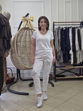 Payetli Likralı Pantolon Beyaz