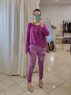 Payetli Likralı İtalyan Pantolon Lila