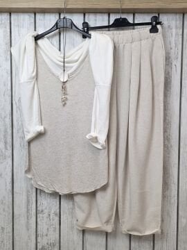 Kısa Paça Bol Bej Keten Pantolon