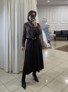 Kahve Atkılı V Yaka İtalyan Triko Kazak