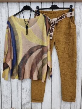 Kemerli Likralı İtalyan Kadife Pantolon Hardal