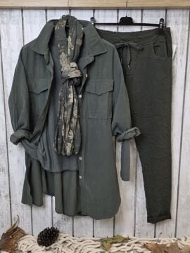 Oversize İtalyan Kadife Tunik Gömlek Haki