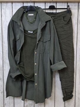 Oversize İtalyan Kadife Tunik Gömlek Haki