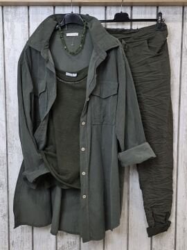 Oversize İtalyan Kadife Tunik Gömlek Haki