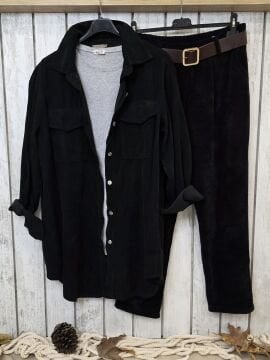 Oversize İtalyan Kadife Tunik Gömlek Siyah