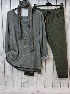 Büyük Beden Çift Katlı İtalyan Moher Kazak Haki