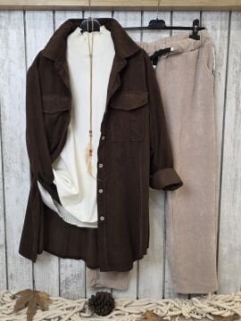 Oversize İtalyan Kadife Tunik Gömlek Kakao Kahve