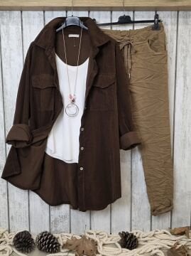 Oversize İtalyan Kadife Tunik Gömlek Kakao Kahve