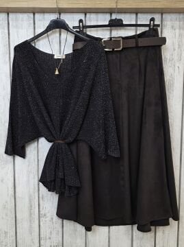 V Yaka  İtalyan Simli Triko Kazak  Siyah