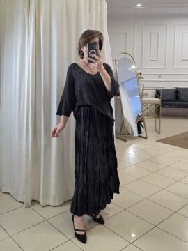 V Yaka  İtalyan Simli Triko Kazak  Siyah