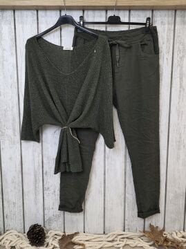 V Yaka İtalyan  Simli Triko Kazak Haki