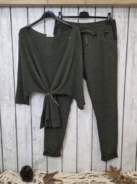 V Yaka İtalyan  Simli Triko Kazak Haki