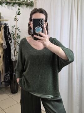 V Yaka İtalyan  Simli Triko Kazak Haki