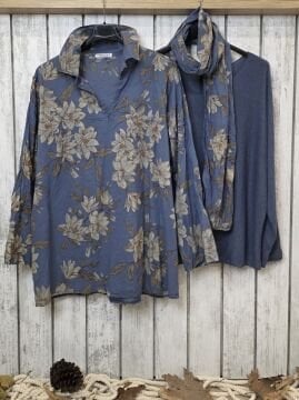 İnce Pamuklu İtalyan Gömlek Mavi Desenli