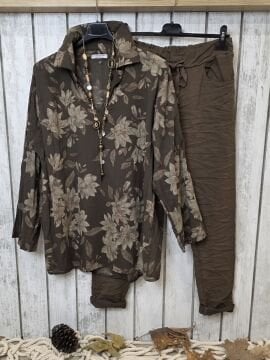 İnce Pamuklu İtalyan Gömlek  Kahve Desenli