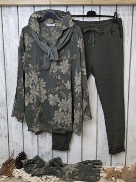 İnce Pamuklu İtalyan Gömlek Haki Desenli