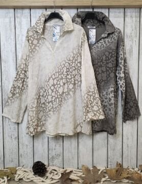 İnce Pamuklu Leopar Desenli Gömlek Bej