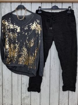 Varak Baskılı Triko Bluz Antrasit