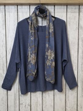 Fularlı İnce İtalyan Triko Bluz Mavi