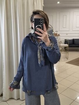 Fularlı İnce İtalyan Triko Bluz Mavi